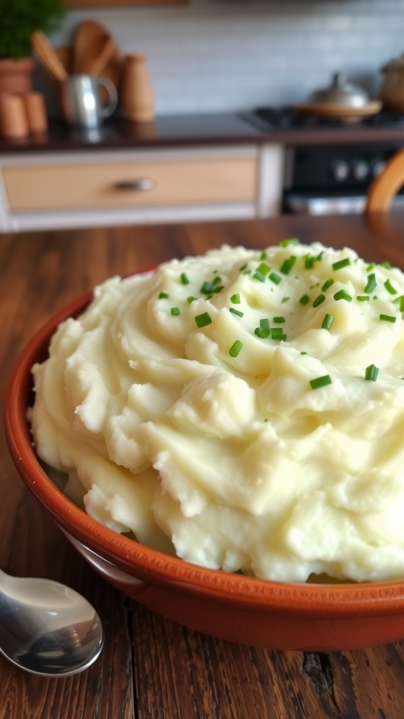 A bowl of creamy mashed potatoes garnished with chives on a wooden table.